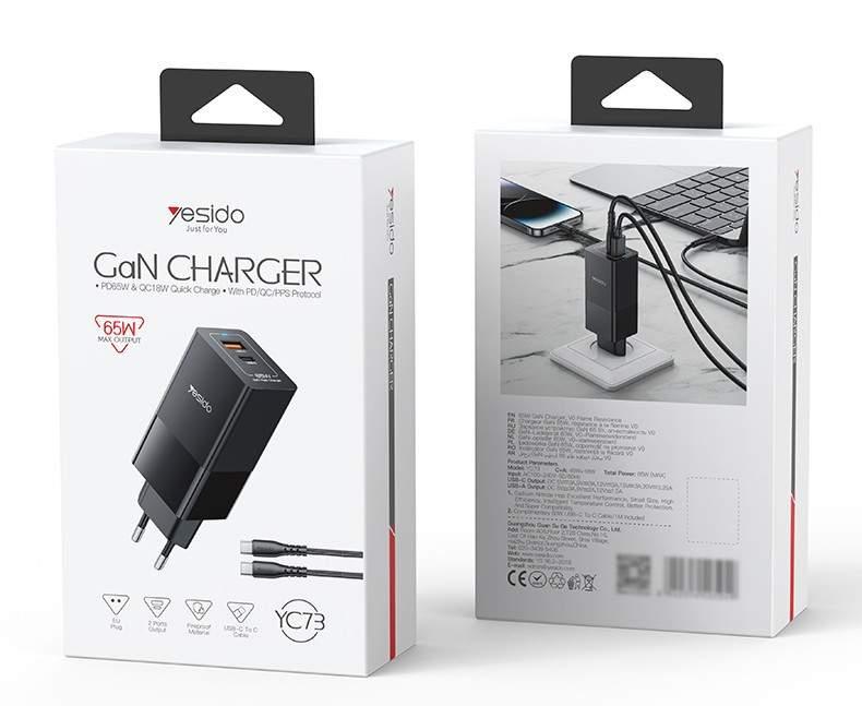 YeSido YC73 PD65W &QC18W PPS GaN Fast Charger + USB-C To C Cable